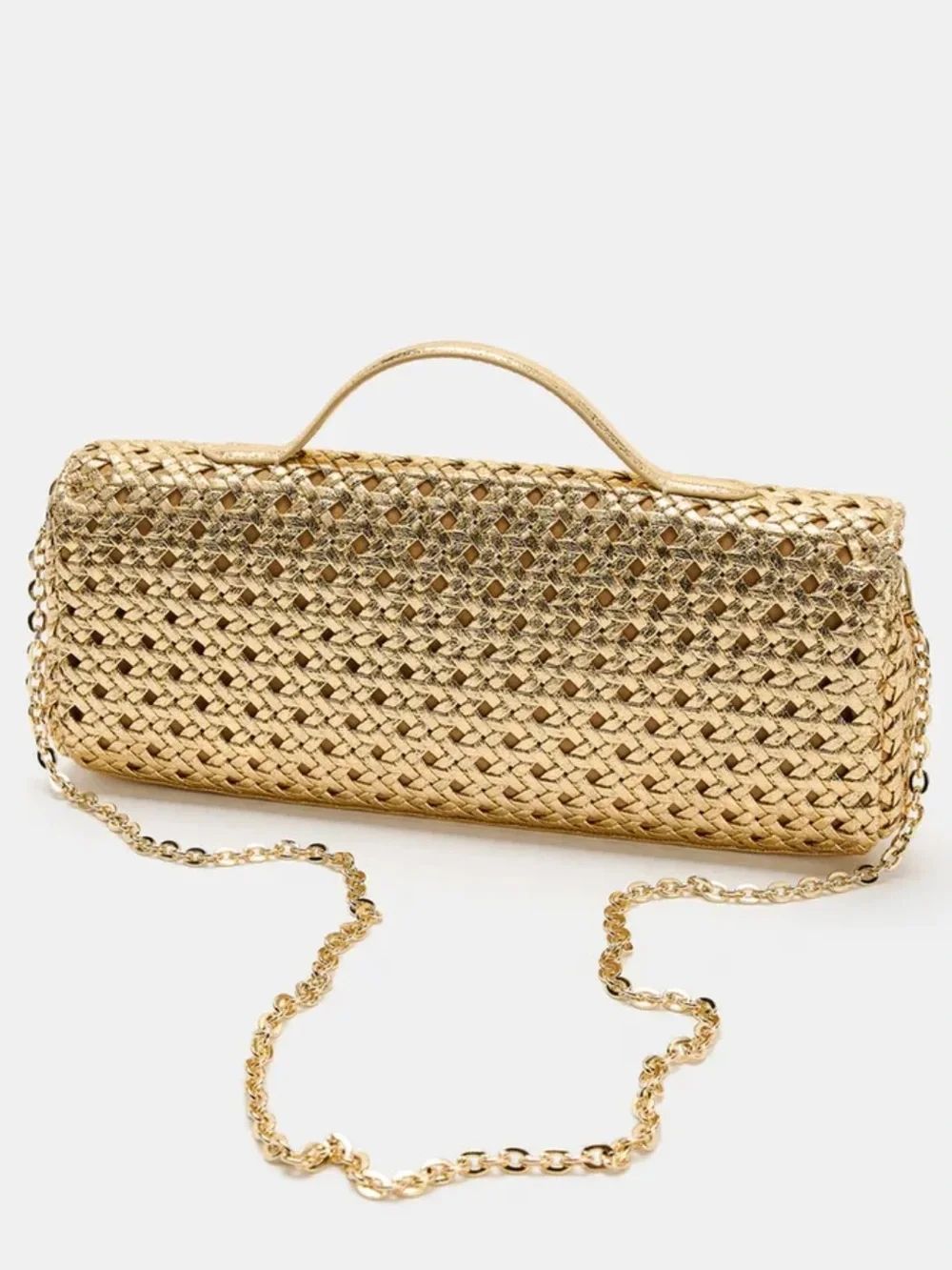 New Zara Gold Woven Envelope Bag with Gold Chain Crossbody Strap and Top Handle